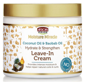 AFRICAN PRIDE Moisture miracle, coconut oil and baobab oil. Hydrate and strengthen. Leave-in cream