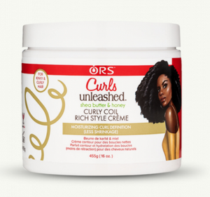 ORS CURL UNLEASHED. Shea butter and honey. Curly Coil Rich styling Cream